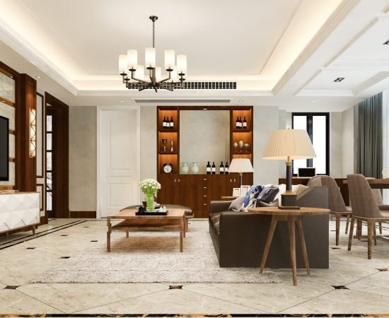 3d rendering contemporary modern dining room and living room with luxury decor